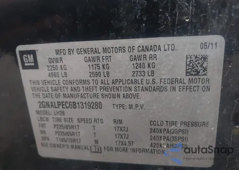 2011 Chevrolet Equinox 2Lt z USA, uszkodzony, nr VIN 2GNALPEC6B1319280